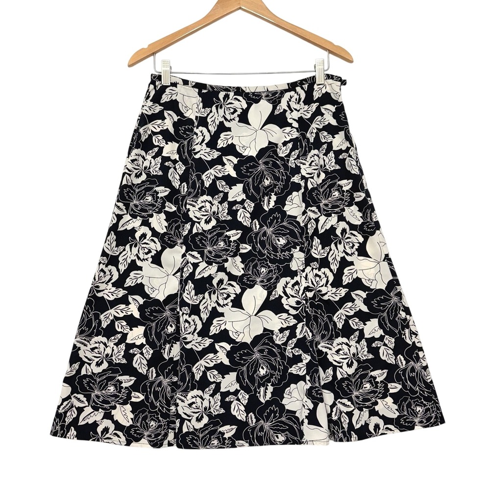 Rena Rowan Midi Skirt Dark Navy Cream Floral A-Line Sz 10 Classic Preppy Cottage